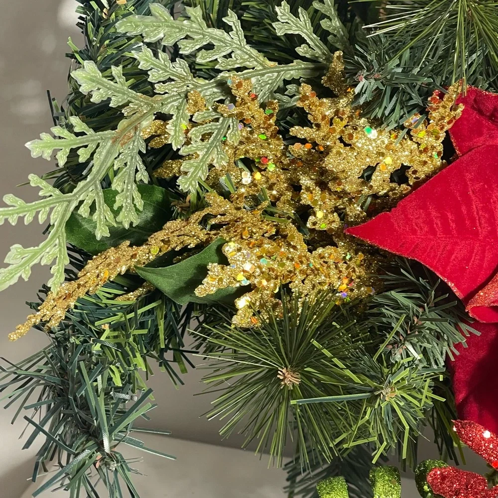 Christmas Wall Swag Poinsettia Red & Green Glitter Picks Holiday Décor